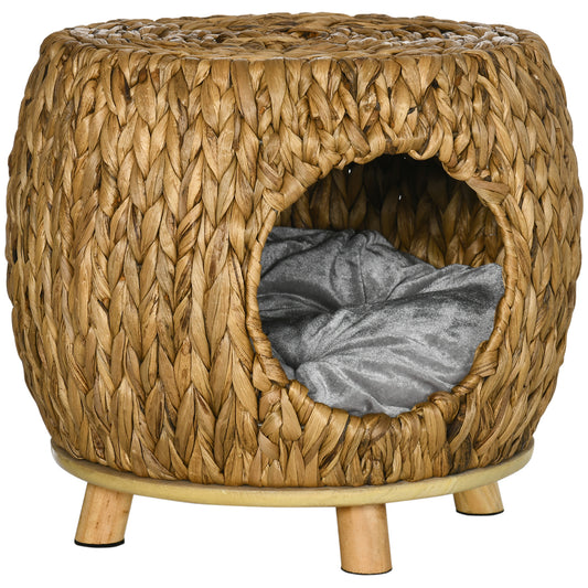 PawHut Wicker Cat Cave/House Stool with Soft Washable Cushion,Rattan Kitten Bed for Outdoor & Indoor Use， 44 x 43 x 41cm