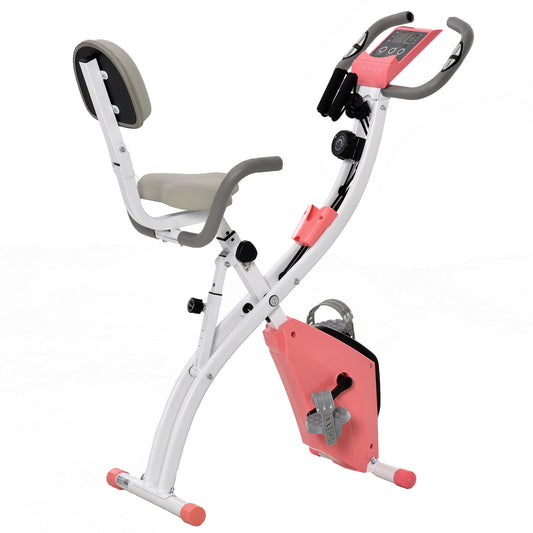 2-in-1 Upright  Exercise Bike Stationary Foldable Magnetic Recumbent Cycling with Arm Resistance Bands Pink