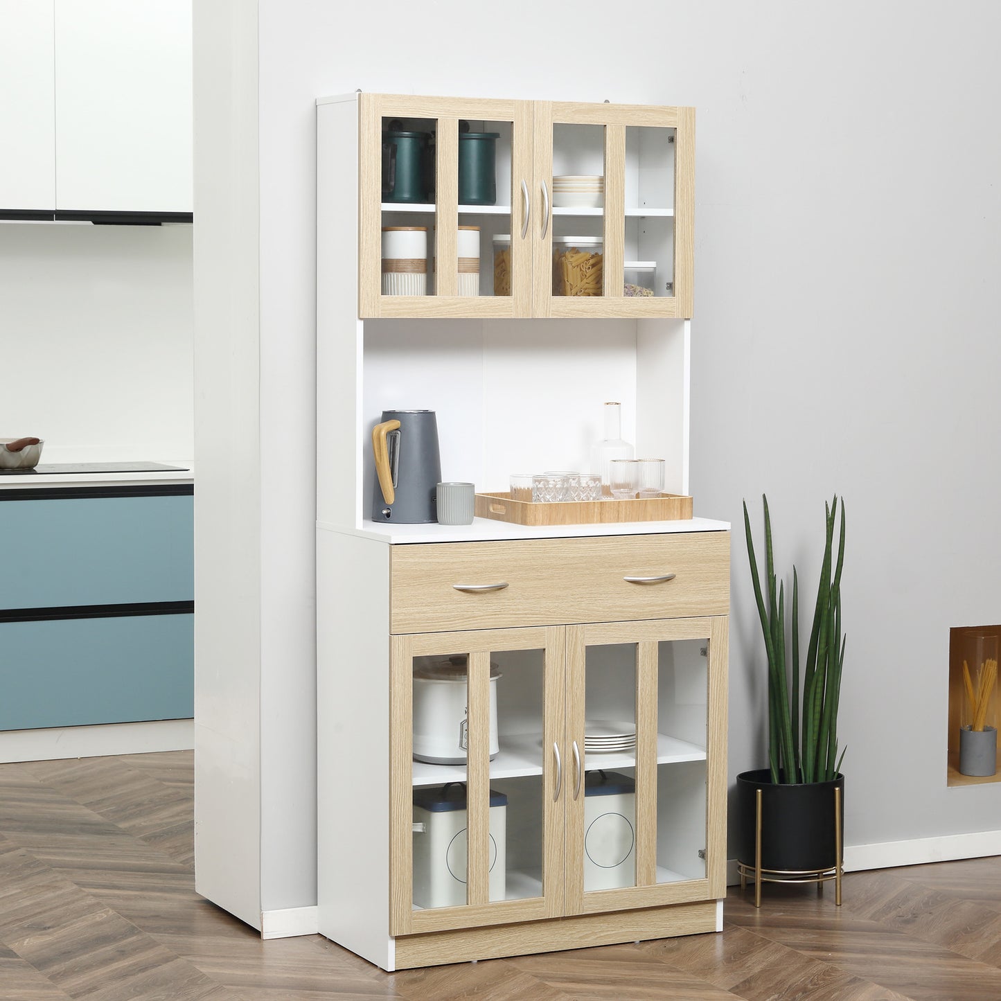 Modern Kitchen Cupboard, Freestanding Storage Cabinet Hutch with Central Drawer, 2 Glass Door Cabinets and Countertop,180cm