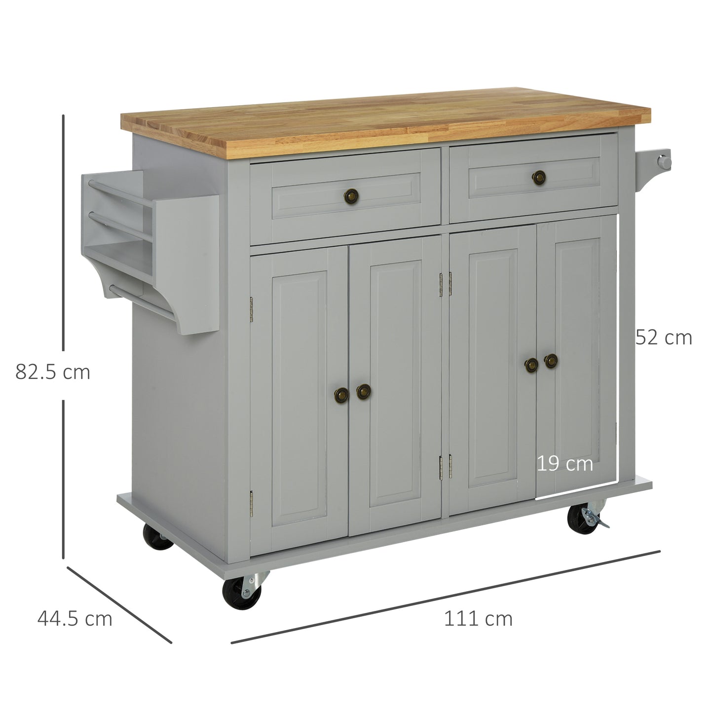 Rolling Kitchen Island Storage Trolley with Rubber Wood Top & Drawers for Dining Room, Grey