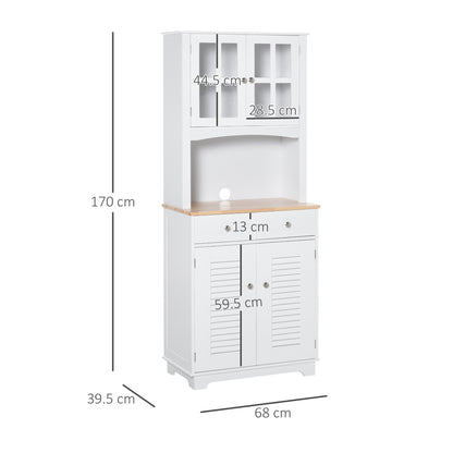 Modern Kitchen Cupboard, Louvered Kitchen Storage Cabinet with Framed Glass Doors and 2 Drawers, White