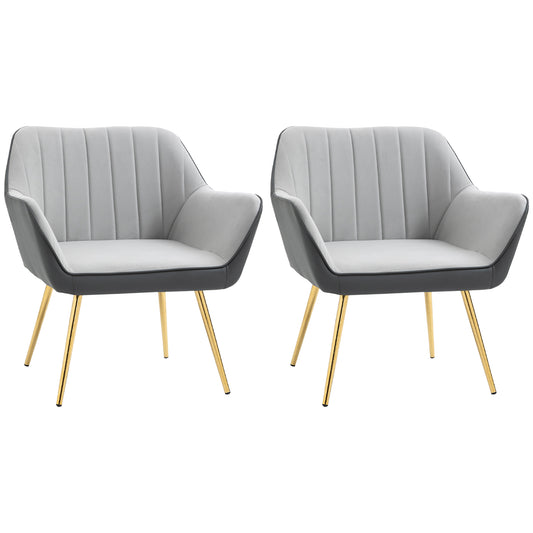 Retro Style Velvet Armchairs, Upholstered Accent Chairs with Golden Steel Legs, Modern Vanity Chairs for Living Room and Bedroom, Set of 2, Light Grey