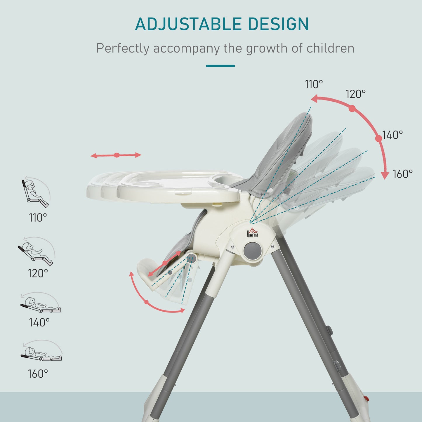 Baby High Chair Convertible to Toddler Chair Height Adjustable with Removable Tray 5-Point Harness Mobile with Wheels Grey