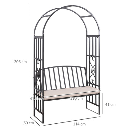 114x 60 x 206 cm Outsunny Garden Metal Arch Bench, Outdoor Furniture Chair with Cushion Outdoor Patio Rose Trellis Arbour Pergola, for Climbing Plant