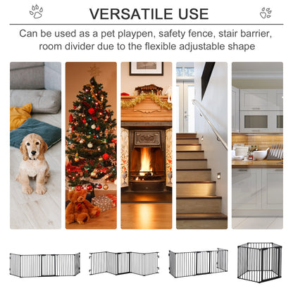 PawHut Stair Gate Dog Pens Pet PlayPen 5-Panel Freestanding Fireplace Christmas Tree Metal Fence Stair Barrier Room Divider with Walk Through Door