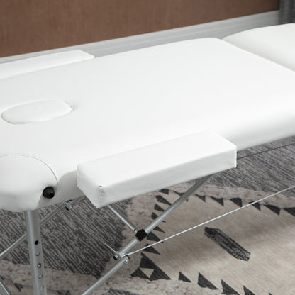 Folding PVC Leather Massage Table Aluminium Frame w/ Headrest Armrests Padding Handle Carry Bag Adjustable Height 3-Way Tri-Fold White