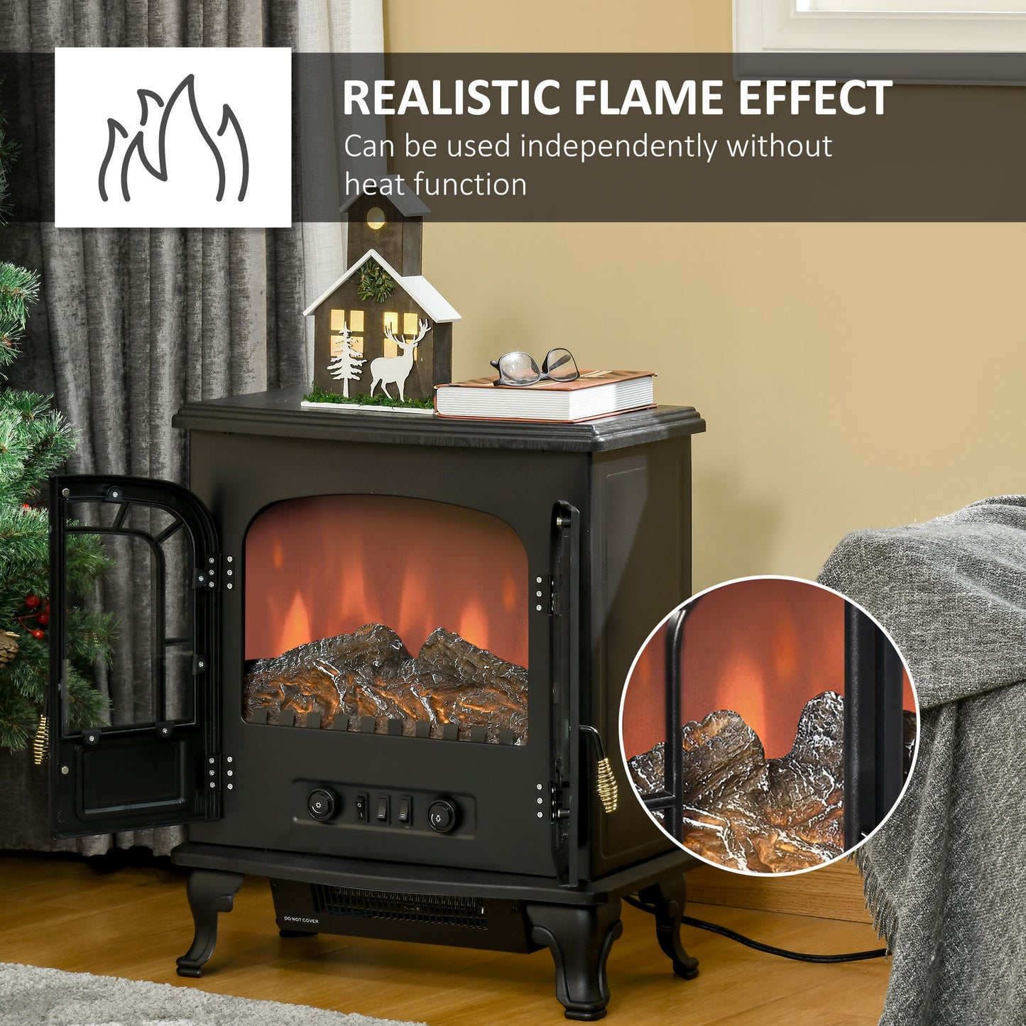 Electric Fireplace Stove Heater with LED Fire Flame Effect, Double Door, Freestanding & Portable with Overheat Protection, 1000W/2000W, Black