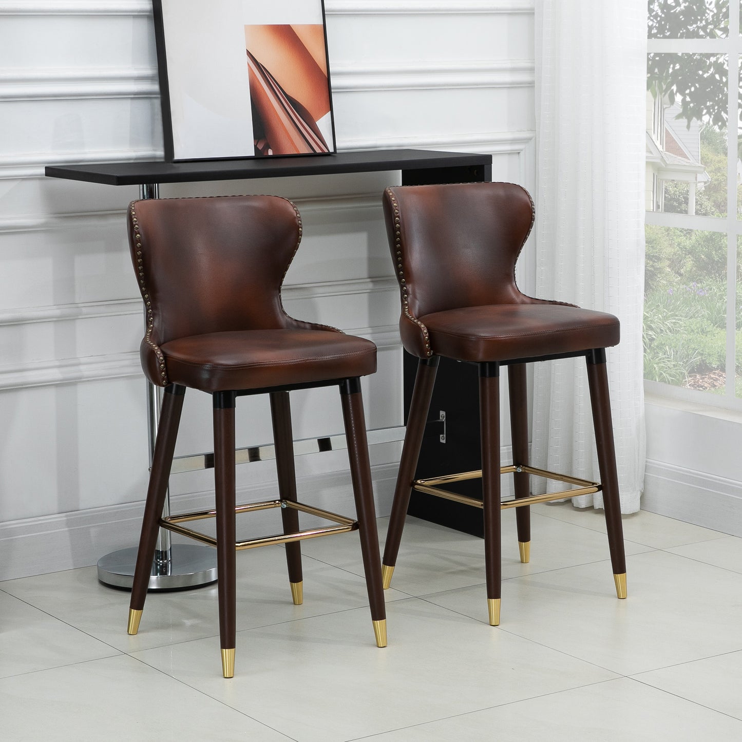 Retro Look Bar Stools Set of 2, PU Leather Vintage Counter-Height Bar Chair, Luxury European Style Kitchen Stools with Back, Brown