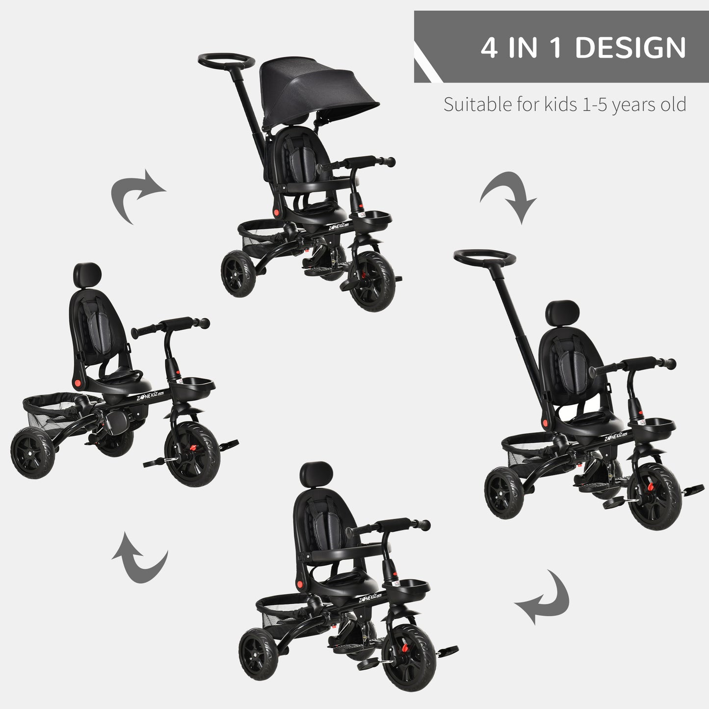 4 in 1 Baby Tricycle Toddler Stroller Foldable Pedal Tricycle w/ Reversible Angle Adjustable Seat Removable for 1-5 Years - Black