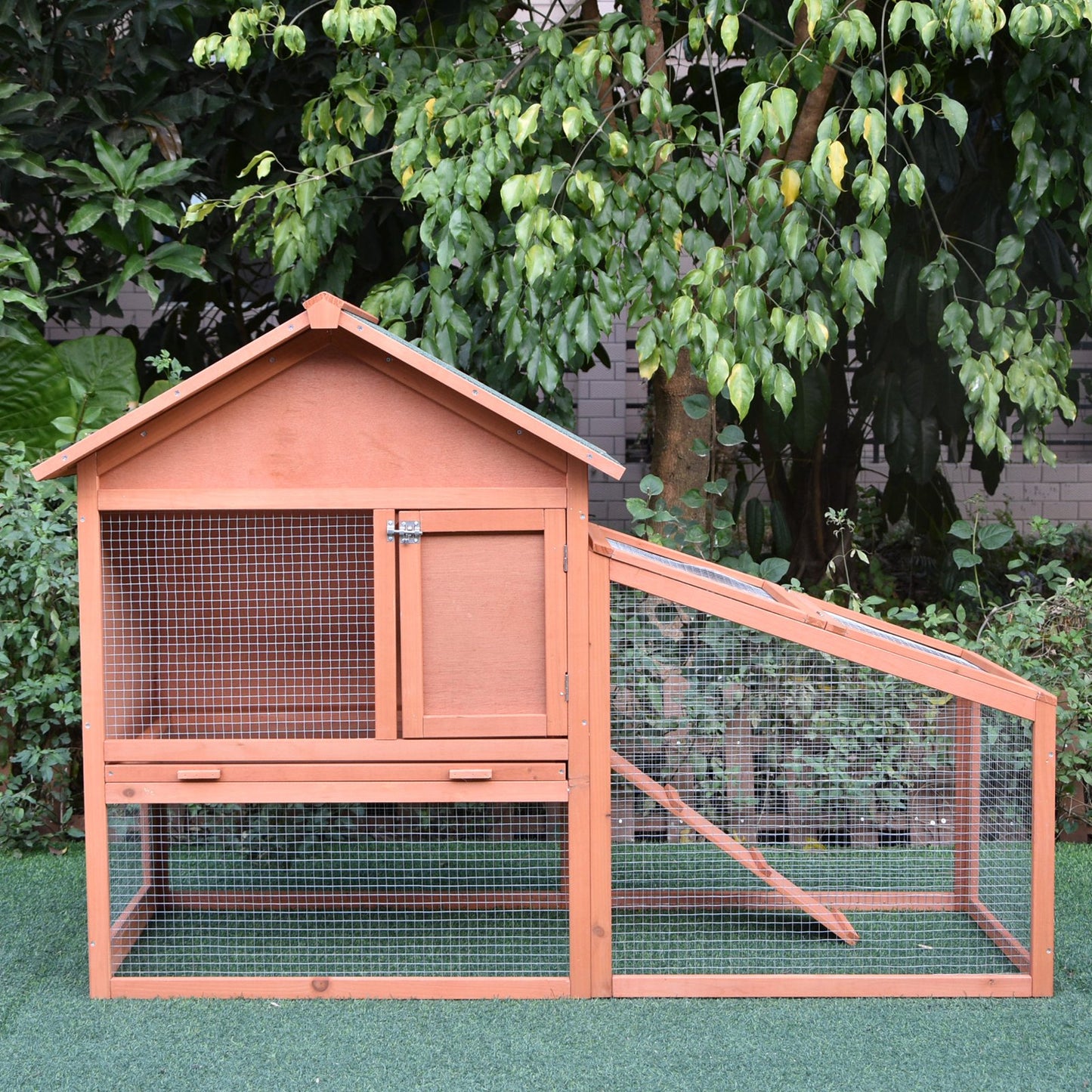 PawHut 2 Tier Rabbit Cage, Solid Wood Bunny House, Water Resistant Asphalt Roof Ramp Sliding tray 144 x 64.5 x 100 cm Red/Brown