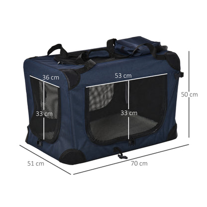 PawHut Dog Carrier Bag Folding Cat Carrier Portable Dog Bag Soft Pet Crate w/ Cushion, 70 x 51 x 50 cm, Dark Blue