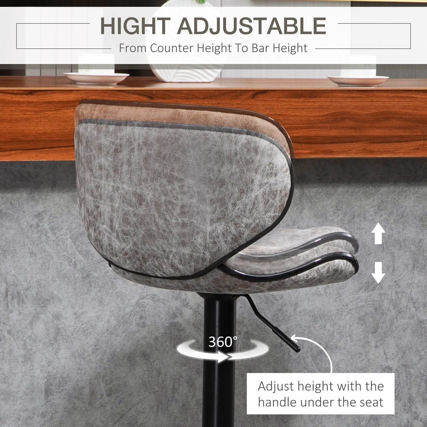 Bar Stool Set of 2 Microfibre Cloth Adjustable Height Armless Chairs with Swivel Seat, Grey