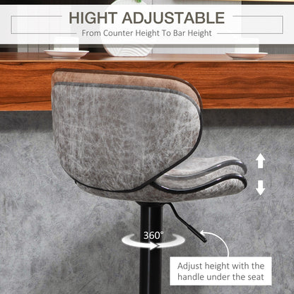 Bar Stool Set of 2 Microfibre Cloth Adjustable Height Armless Chairs with Swivel Seat, Grey