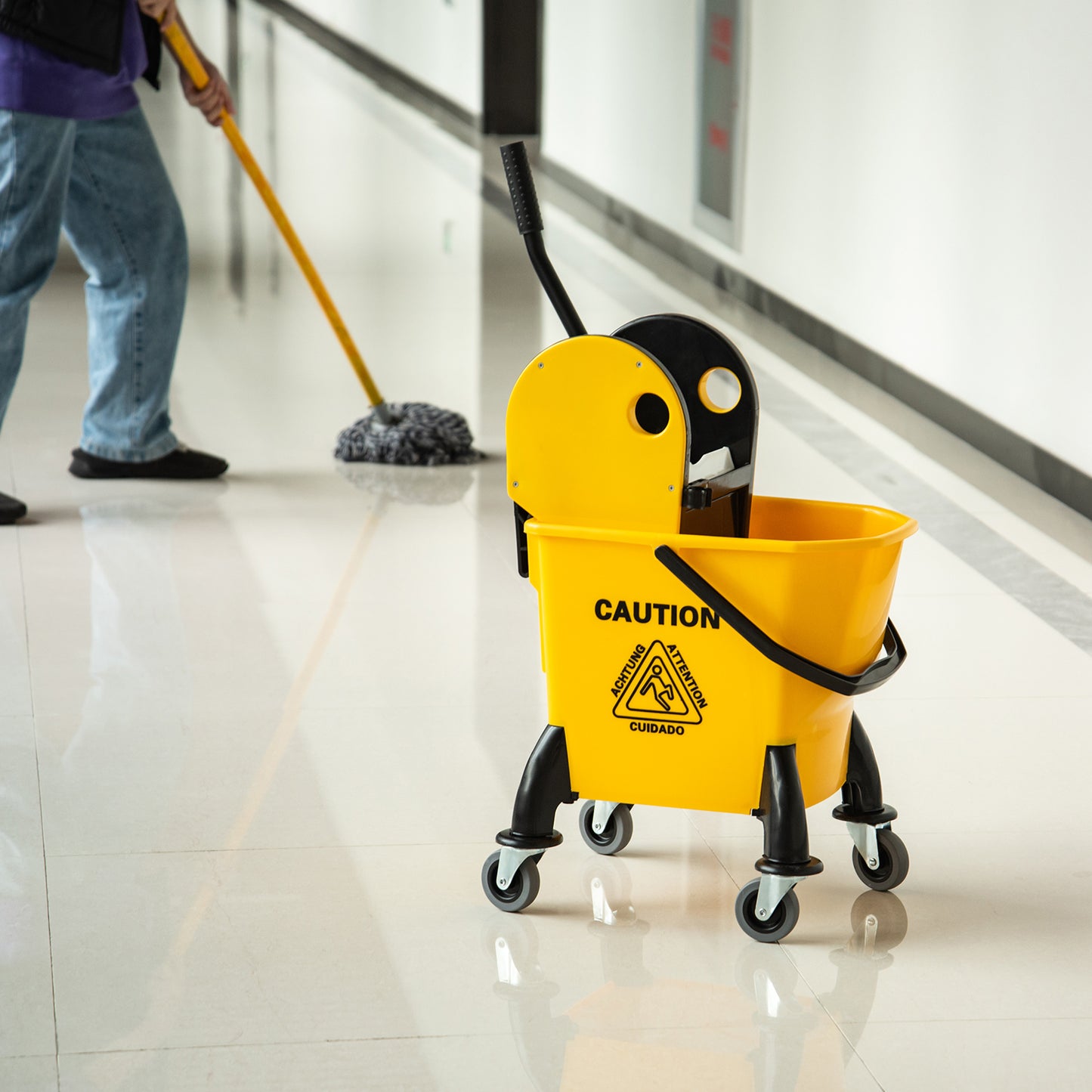 26L Mop Bucket & Water Wringer w/ 4 Wheels Plastic Body Metal Handle Pole Holder Home Commercial Cleaning Floor Cart Yellow