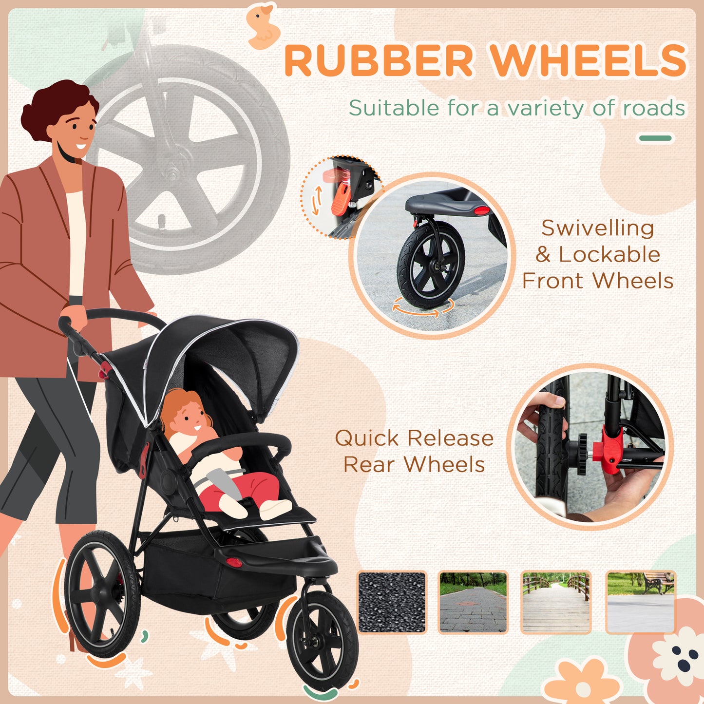 Three Wheeler Pushchair, Lightweight Foldable Running Baby Stroller with Fully Reclining, Adjustable Handlebar Backrest, Sun Canopy Black