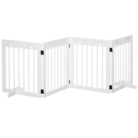 PawHut Pet Gate 4 Panel Folding Wooden Dog Barrier Freestanding Dog Gate For Stairs w/ Support Feet