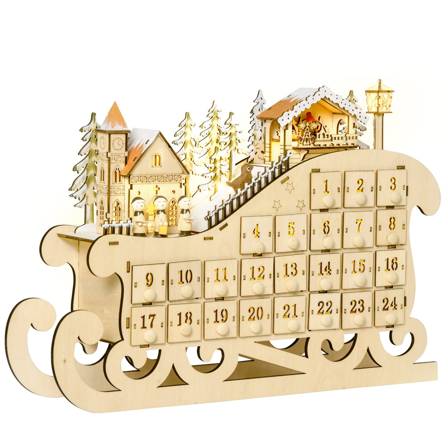 Reusable Christmas Advent Calendar, Light Up Table Wooden Sled Decoration W/ Countdown Drawer, Village, Natural Wood Colour