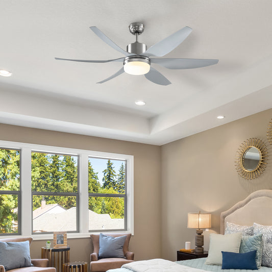 Reversible Ceiling Fan with Light, 6 Blades Indoor Modern Mount LED Lighting Fan with Remote Controller, for Bedroom, Living Room, Silver