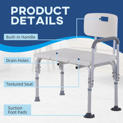 Height Adjustable Shower Chair, Non Slip Bath Transfer Bench With Armrest and Backrest, 300 lbs Capacity, White