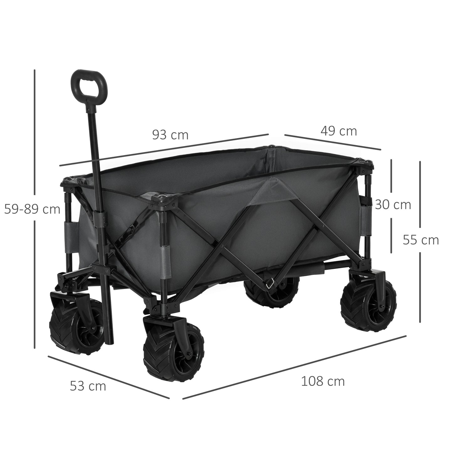 Outsunny Outdoor Pull Along Cart Folding Cargo Wagon Trailer Trolley for Beach Garden with Handle, Anti-Slip Wheel - Dark Grey