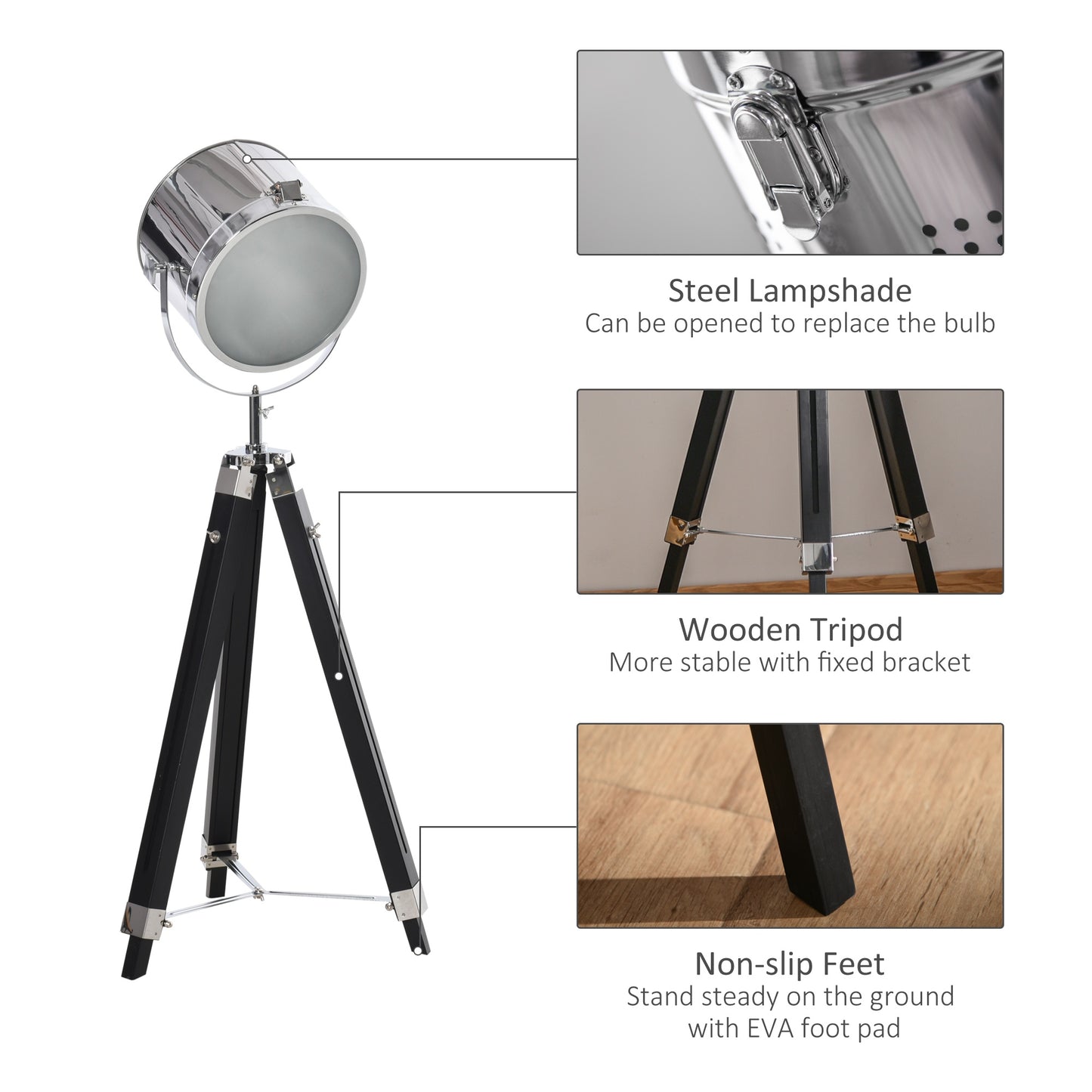 Industrial Style Adjustable Tripod Floor Lamp, Searchlight Lamp with Wooden Legs and Steel Lampshade, 110-155cm, Black