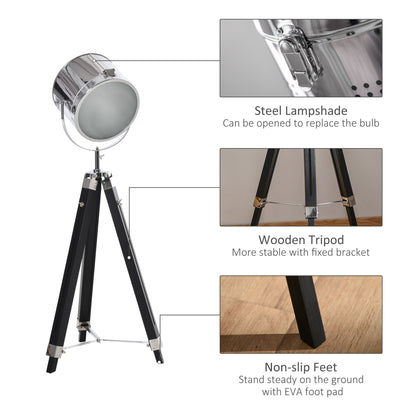 Industrial Style Adjustable Tripod Floor Lamp, Searchlight Lamp with Wooden Legs and Steel Lampshade, 110-155cm, Black