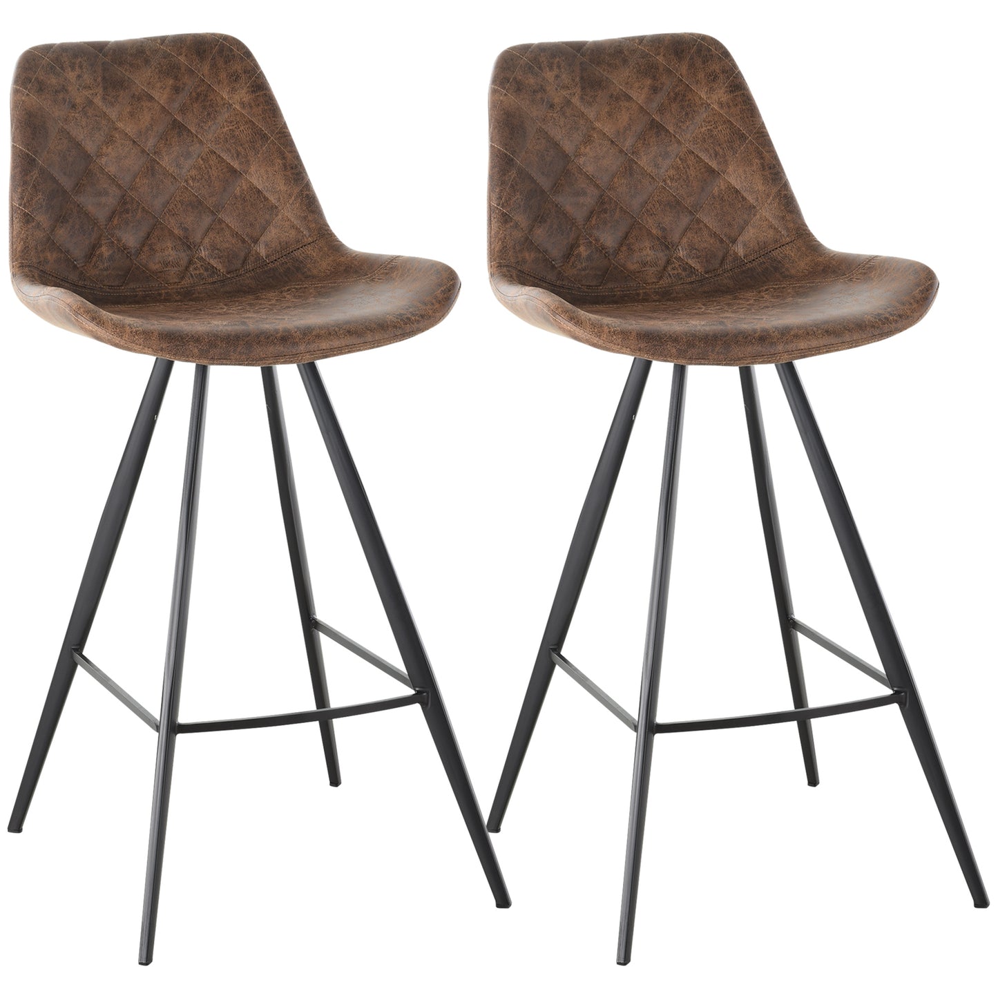 Retro Style Set Of 2 Bar Stools Vintage Microfibre Cloth Tub Seats Padded Comfortable Steel Frame Footrest Quilted Home Cafe Kitchen Chair Stylish Brown