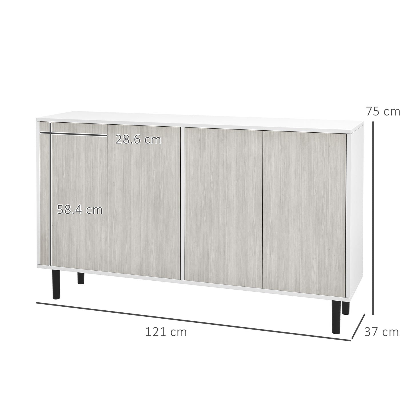 Kitchen Sideboard Storage Cabinet for Living Room with Adjustable Shelves 4 Doors and Pine Wood Legs White