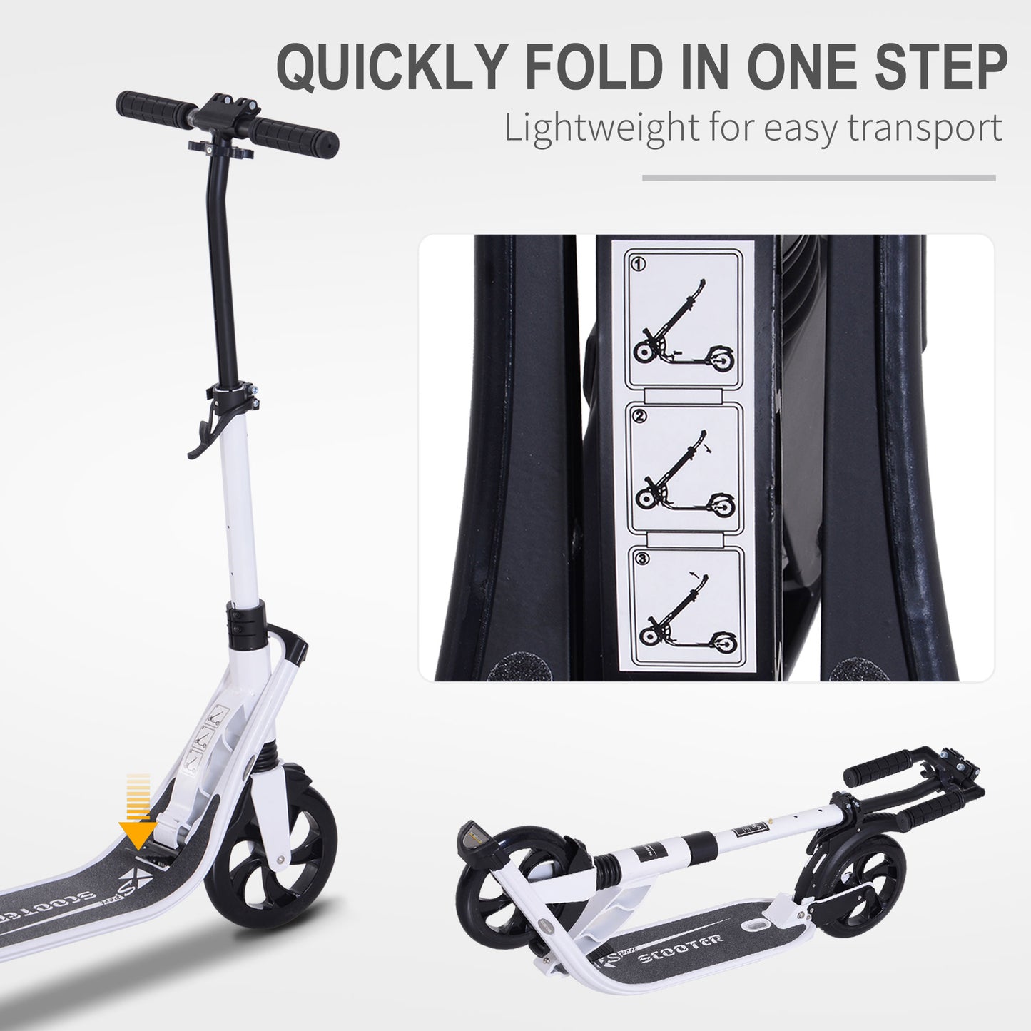 Folding Kick Scooter Height-Adjustable Urban Scooter w/ Rear Brake, Double Shock Absorption System & 2 Big Wheels, For 14+ Teens Adult