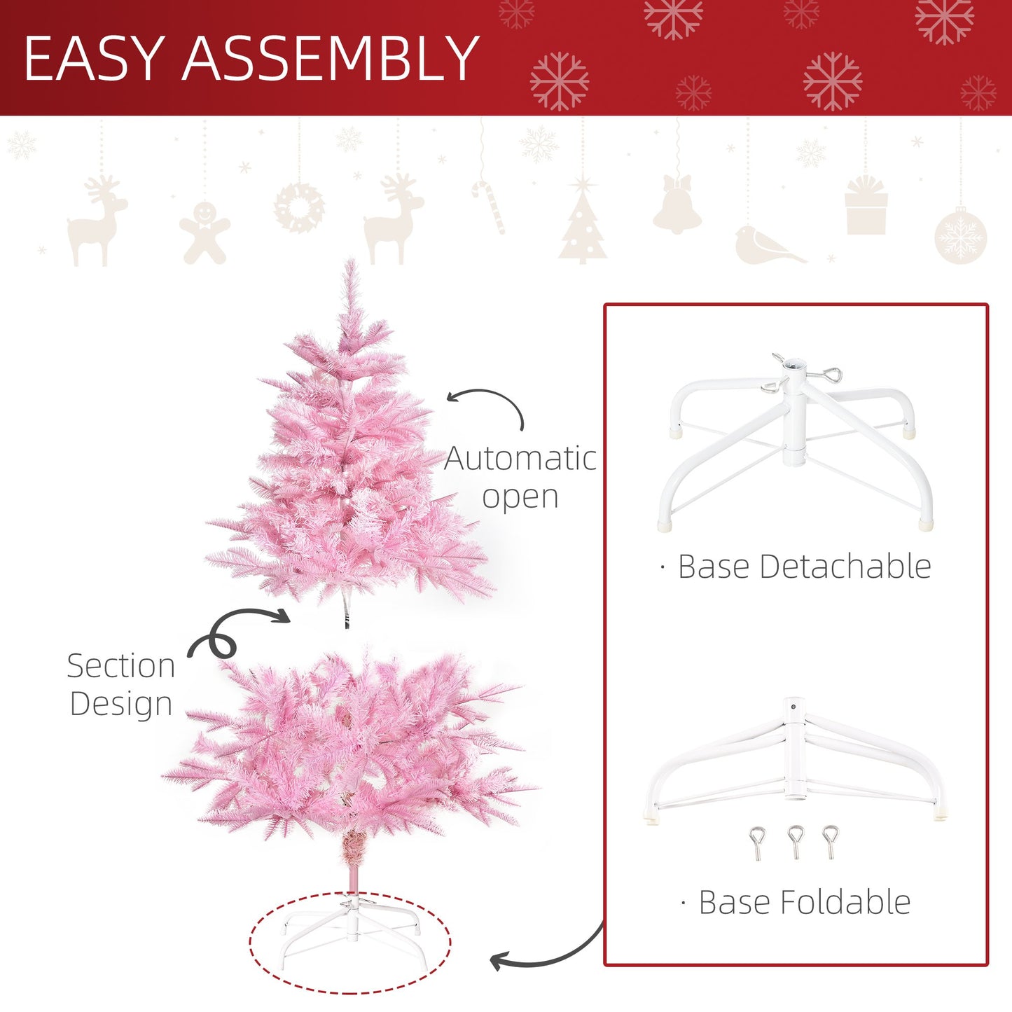 4FT Pop-up Artificial Christmas Holiday Tree Decoration With Automatic Open For Home Party, Pink