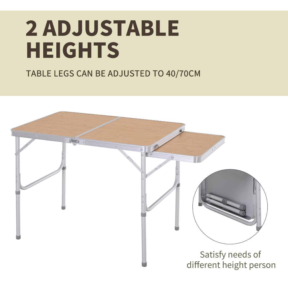 Outsunny Aluminium Pincic Table MDF-Top 3ft Folding Portable Outdoor Table Silver