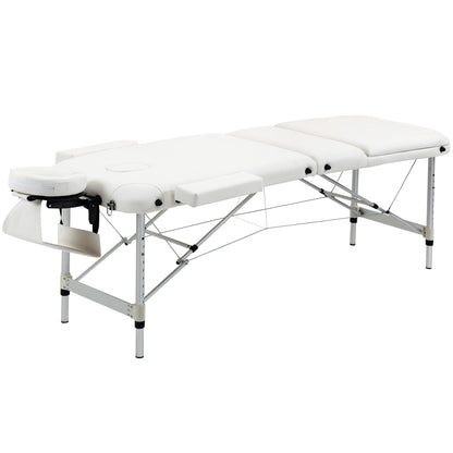 Folding PVC Leather Massage Table Aluminium Frame w/ Headrest Armrests Padding Handle Carry Bag Adjustable Height 3-Way Tri-Fold White