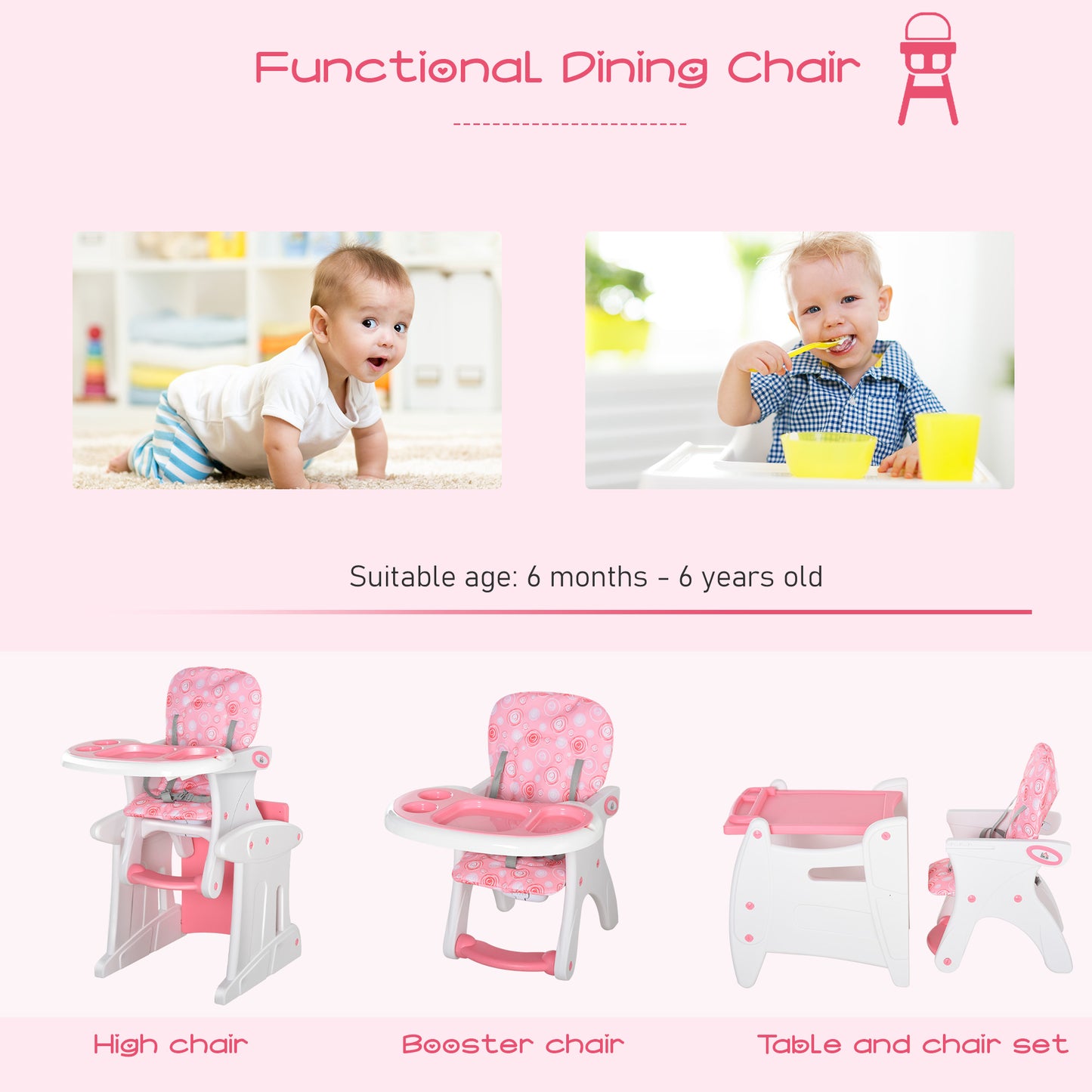 3-in-1 Baby Booster High Chair Seat Pink