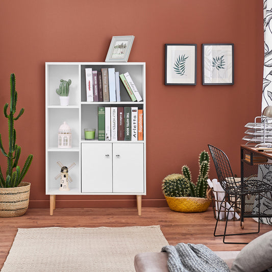 Open Bookcase Storage Cabinet Shelves Unit Free Standing With Two Doors Wooden Display White