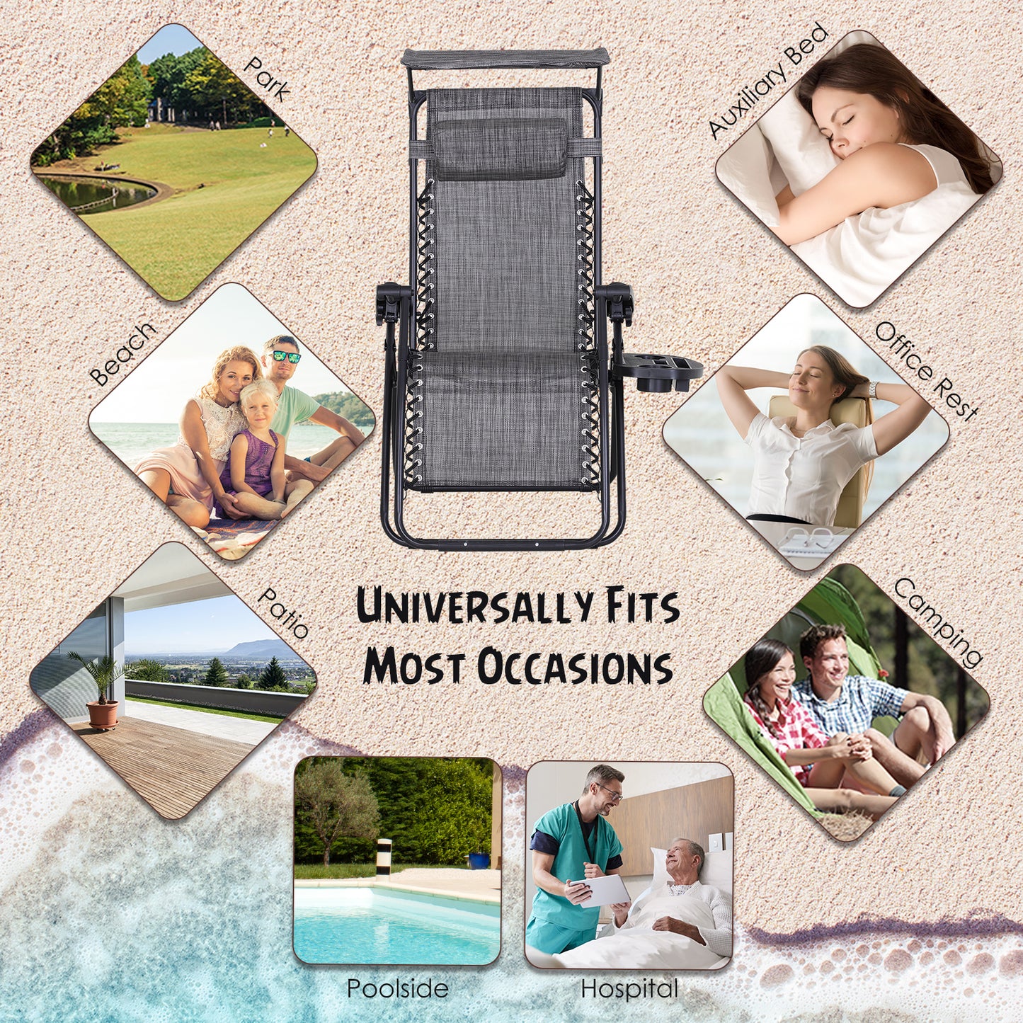 Outsunny Zero Gravity Garden Deck Folding Chair Patio Sun Lounger Reclining Seat with Cup Holder & Canopy Shade - Grey