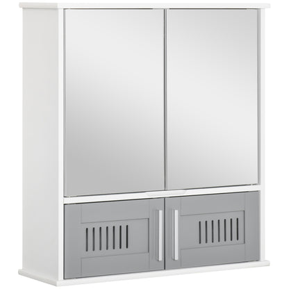 Kleankin Bathroom Mirror Cabinet, Wall Mounted Storage Cupboard with Double Doors and Adjustable Shelf, Bathroom Organizer, Grey