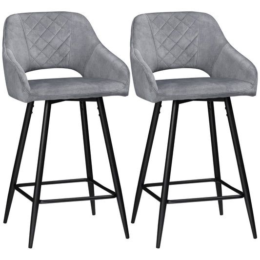 Retro Style Set of 2 Bar stools With Backs, Velvet-Touch Fabric Counter Height Bar Chairs, Kitchen Stools with Steel Legs for Dining Area, Grey