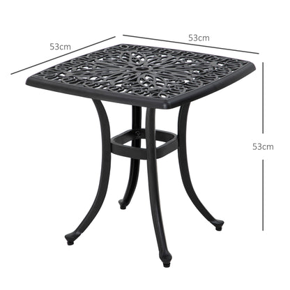 Outsunny Cast Aluminium Bistro Table, Outdoor Square Side Table with Umbrella Hole, Garden Table for Balcony, Poolside, Black