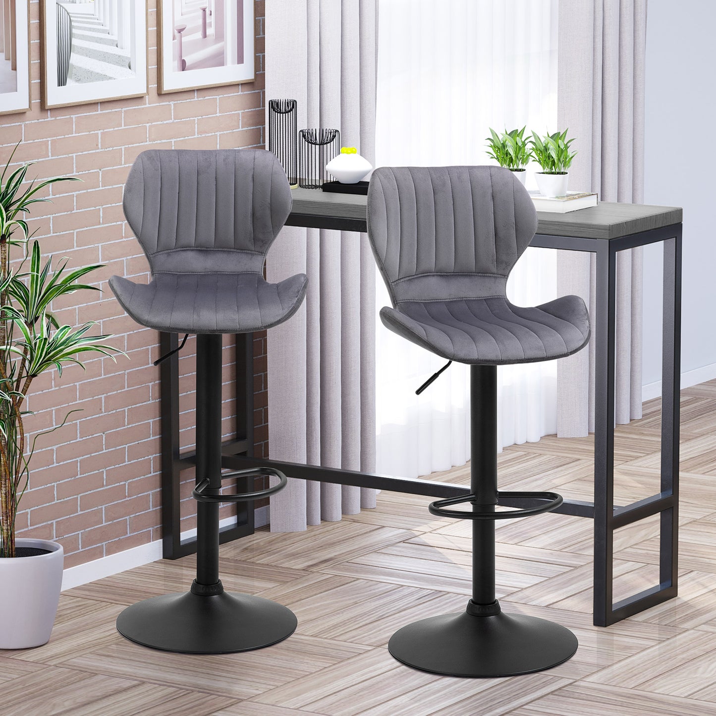 Bar Stool Set of 2 Velvet-Touch Fabric Adjustable Height Swivel Counter Chairs with Footrest, Grey