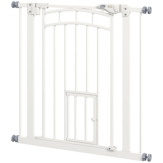 PawHut Pressure Fit Stair Gate, Dog Gate w/ Small Cat Door, Auto Closing System, Double Locking Openings, 74-80cm - White