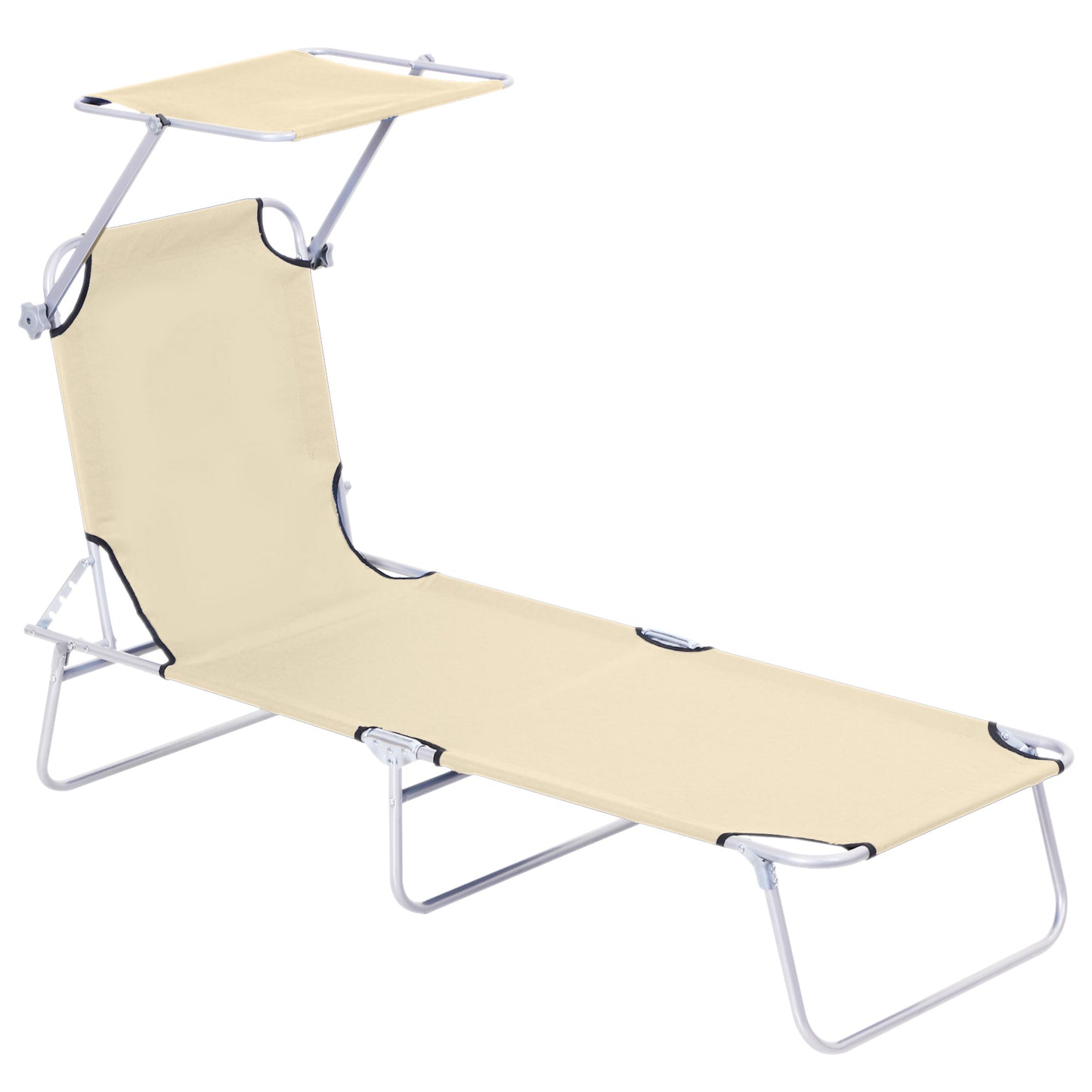 Outsunny Camping Reclining Chair Sun Lounger Folding Lounger Seat with Sun Shade Awning Beach Garden Outdoor Patio Recliner Adjustable (Beige)