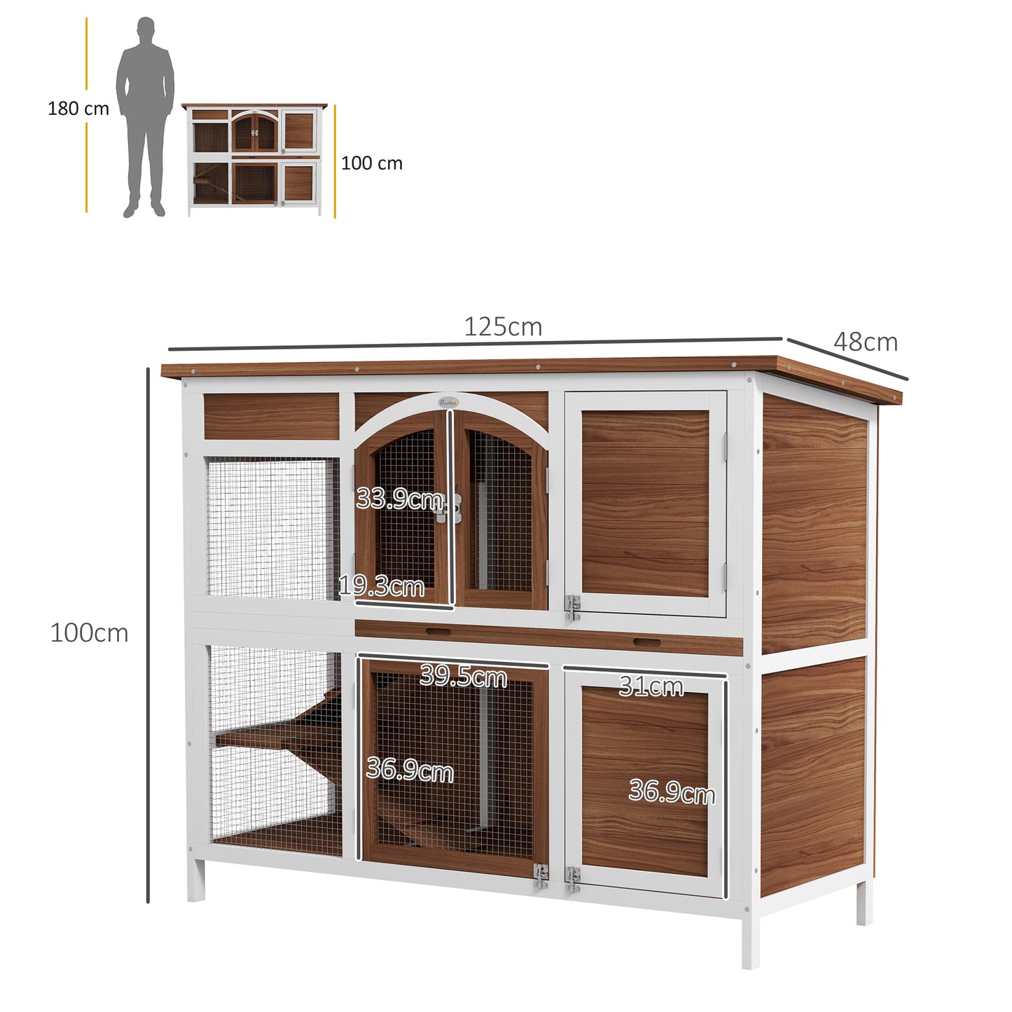 PawHut Two-Tier Wooden Pet Hutch with Openable Roof, Slide-Out Tray