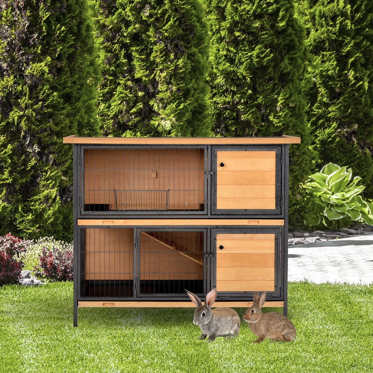 PawHut 2-Floor Wooden Rabbit Hutch Bunny Cage Metal Frame Pet House with Slide-Out Tray Feeding Trough Ramp Lockable Door Openable Roof