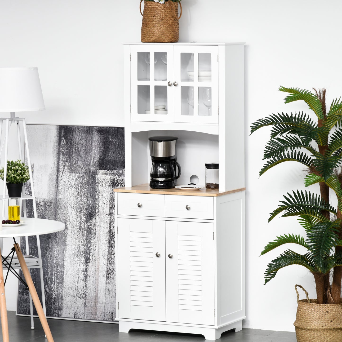 Modern Kitchen Cupboard, Louvered Kitchen Storage Cabinet with Framed Glass Doors and 2 Drawers, White