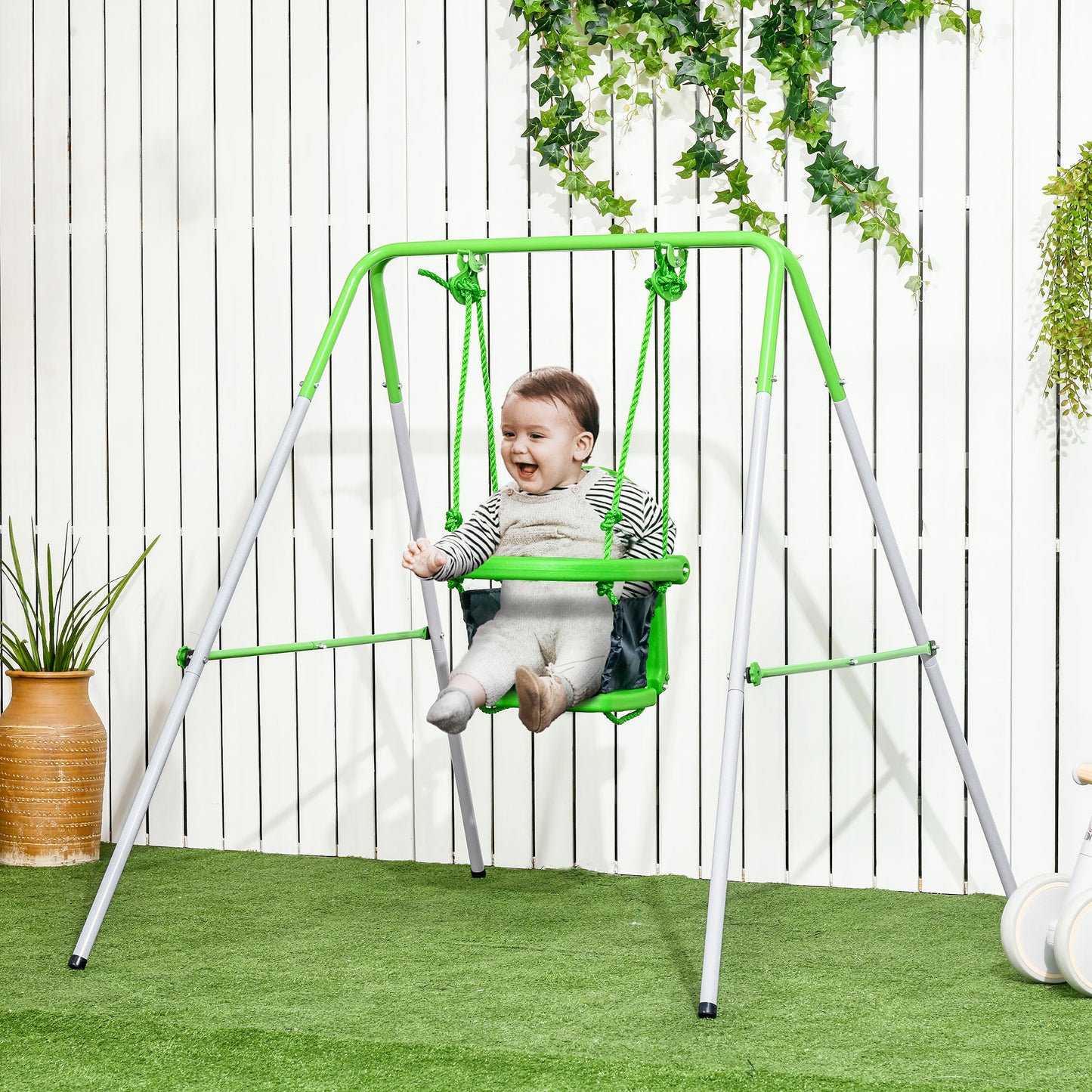 Steel Nursery Baby Swing with Safety Seat Belt Support Back Green