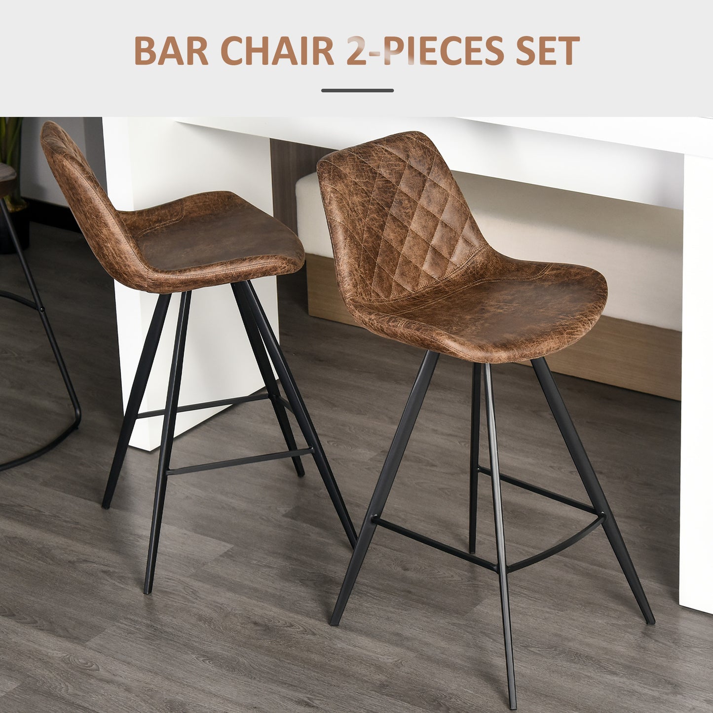 Retro Style Set Of 2 Bar Stools Vintage Microfibre Cloth Tub Seats Padded Comfortable Steel Frame Footrest Quilted Home Cafe Kitchen Chair Stylish Brown