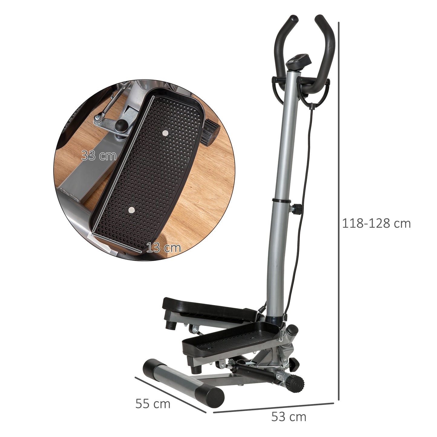 Twist Stepper Fitness Step Machine, LCD Screen, Height-Adjust Handlebars, Home Gym, Silver and Black