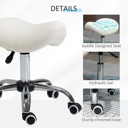 Cosmetic Stool 360° Rotate Height Adjustable Salon Massage Spa Chair Hydraulic Rolling Faux Leather Saddle Stool, Cream