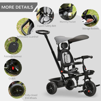 4-in-1 Tricycle 3 Wheels Pushchair w/ Reversible Seat Adjustable Canopy Removable Handle For Age 1-5 Years, Grey