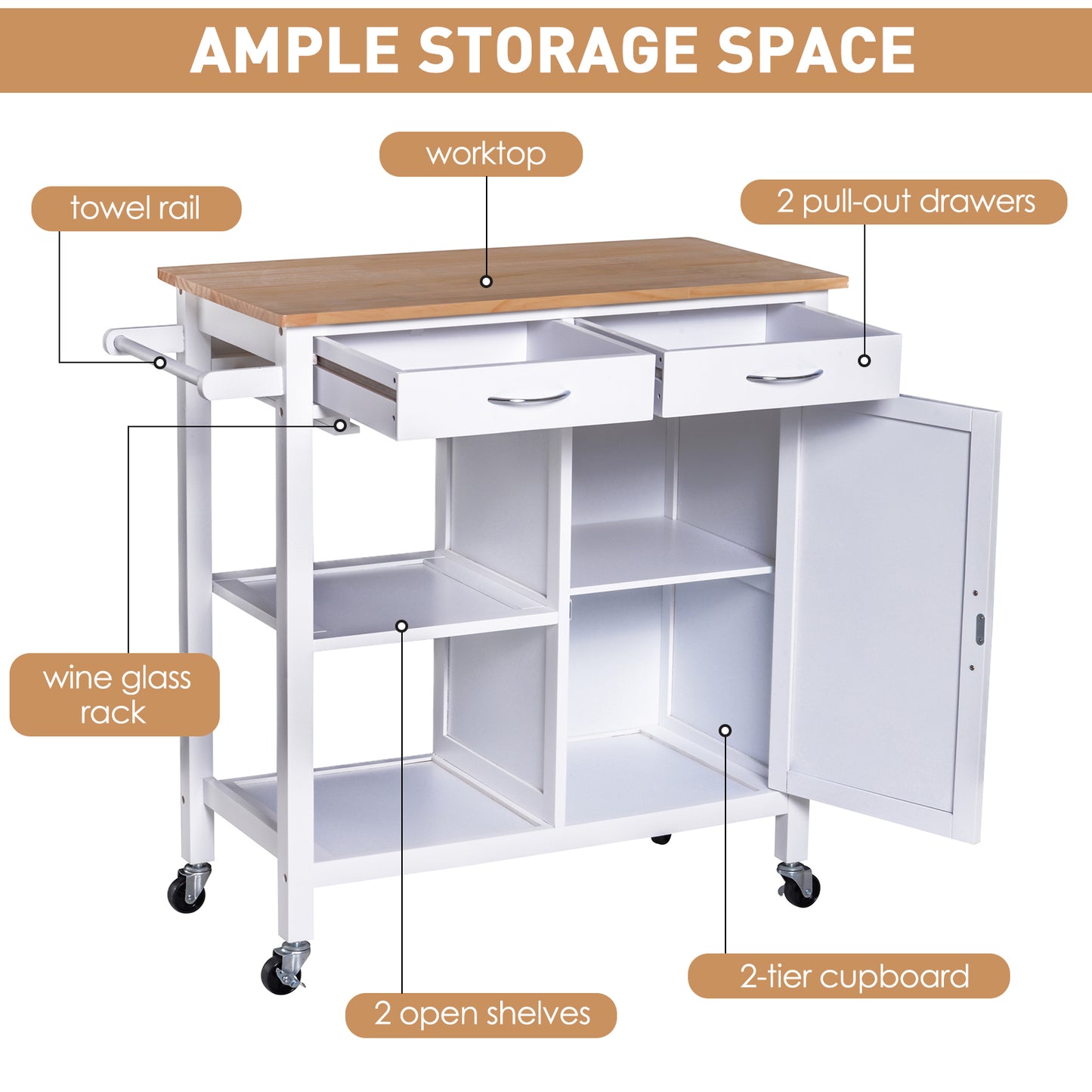 Kitchen Storage Trolley Cart Cupboard Rolling Wheels Shelves Cabinet Island W/ Drawers Towel Rail Wine Glass Rack Pine Wood Worktop  White